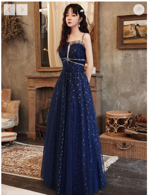 Blue tulle A line sequin long prom dress, blue tulle formal dress