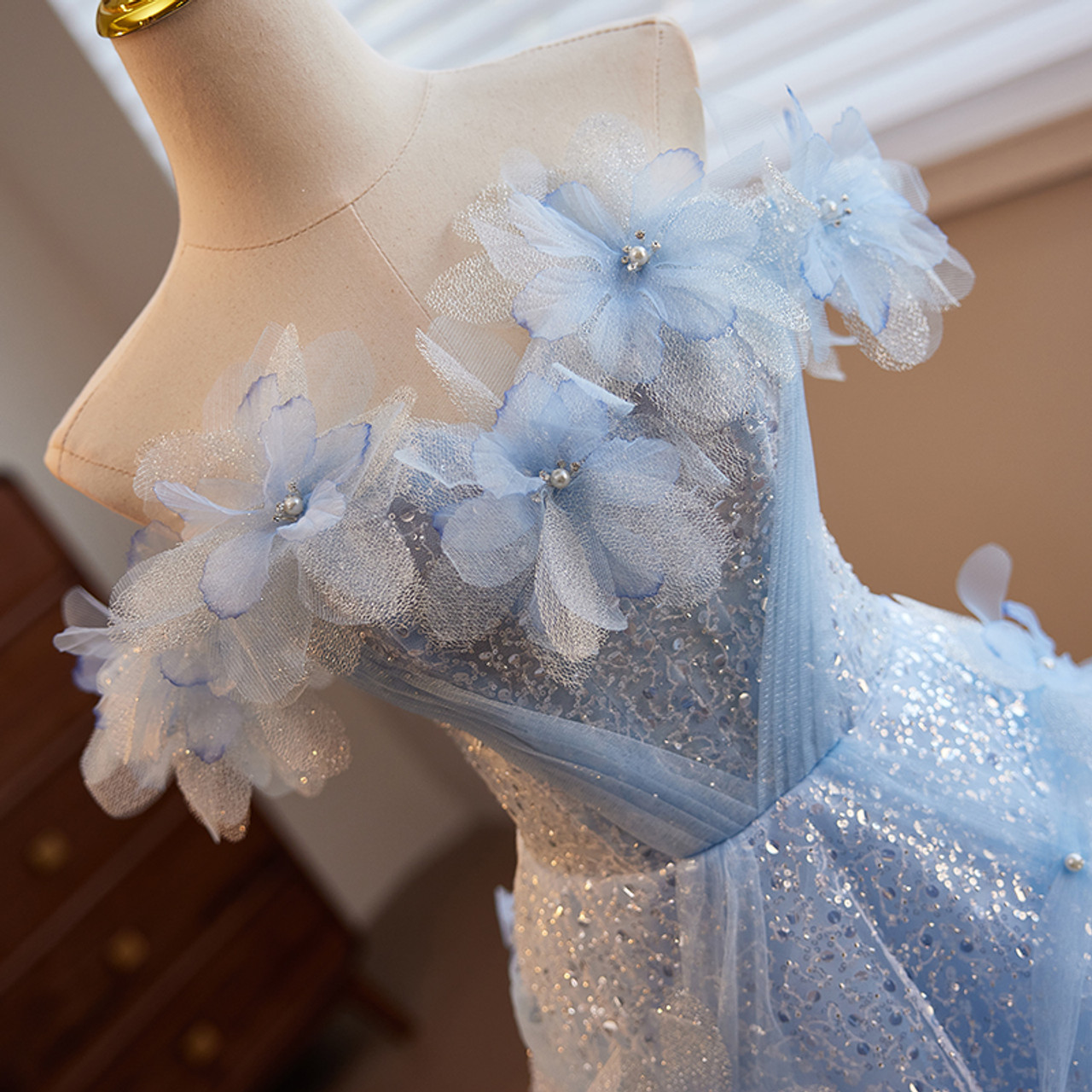 Fairy Blue Sequins Tulle Off the Shoulder 3D Flower Prom Dress Ball Gown