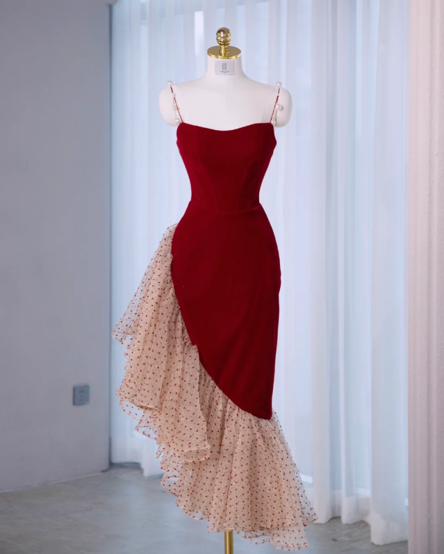 Vintage Red Velvet Ruffle Party Dress Mermaid Birthday Dress