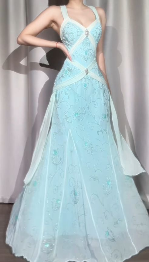 Elegant V Neck Blue Chiffon Beaded Mermaid Long Party Dress Prom Gowns