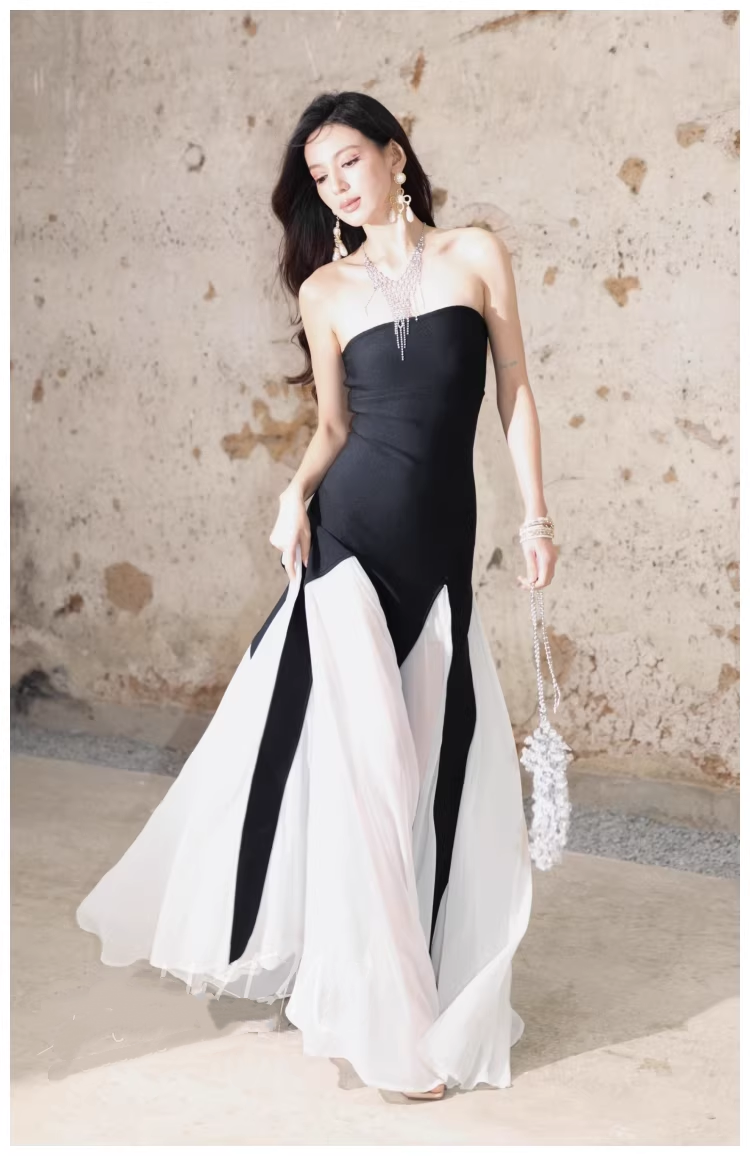 Pretty Strapless Satin Chiffon Mermaid Long Evening Dress Formal 17th Birthday Outfits