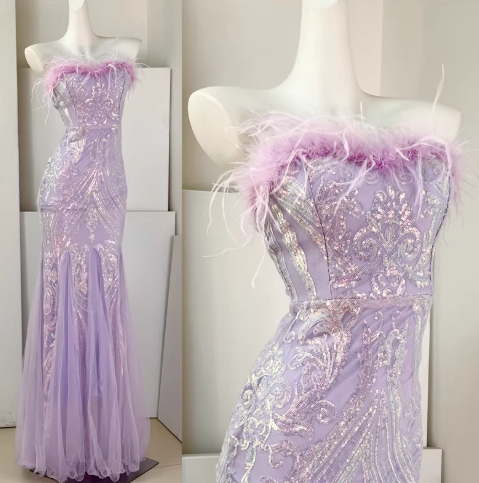 Classy Feathers Strapless White Tulle Sequin Mermaid Long Evening Dress Prom Dresses