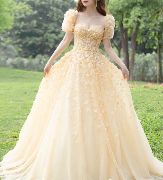 Charming Yellow A-line Puffy Sleeves Floral Prom Dress,Fairy Dress