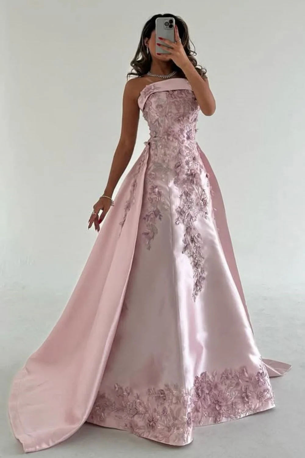 Pretty Pink Strapless Satin Appliques Beaded Formal Prom Dress,Long A Line Party Evening Gown