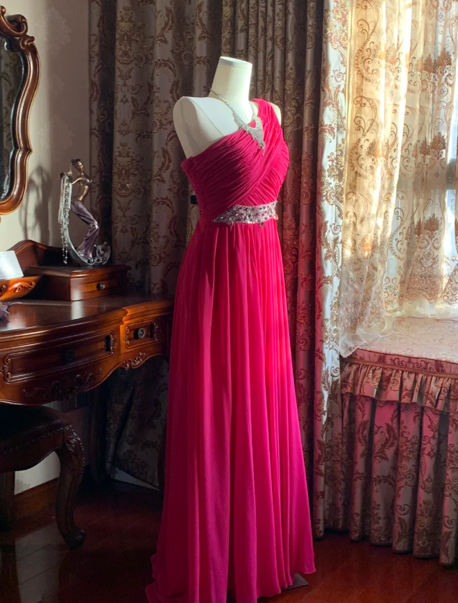 Pretty Rose Red One Shoulder Chiffon Pleated Beaded Evening Dress Long Wedding Guest Dress