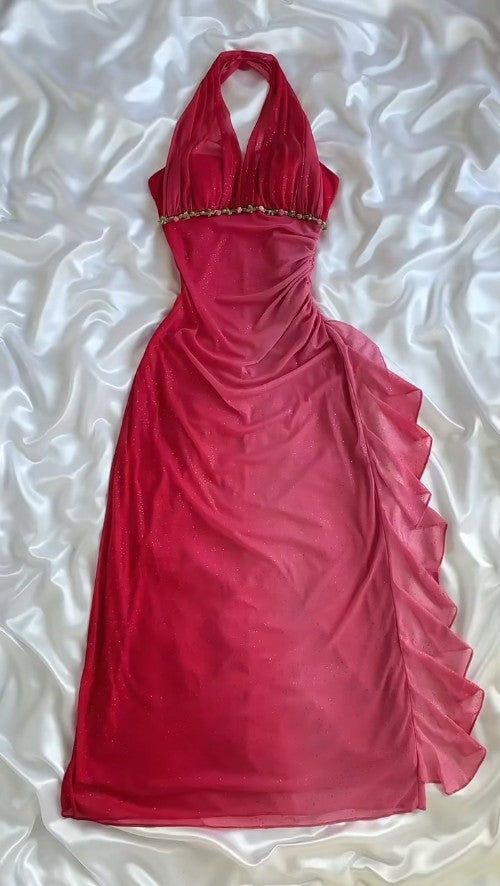 Classy Ombre Pink Halter Chiffon Ruffles Sheath Party Dress Glitter Long Prom Dress