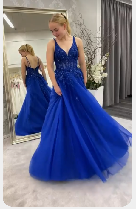 A-line V Neck Royal Blue Prom Dress Sleeveless Prom Dress Sweet 16 Dress
