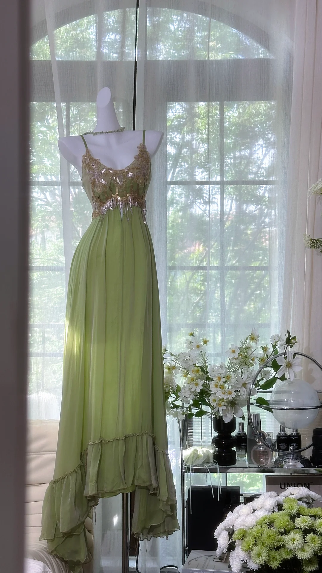 Elegant Spaghetti Straps Green Chiffon Sequin Mermaid Prom Dress Long Birthday Party Dress