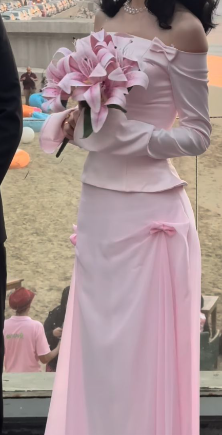 Sweet Two Piece Off The Shoulder Pink Satin Chiffon Mermaid Prom Dress Formal Party Dress