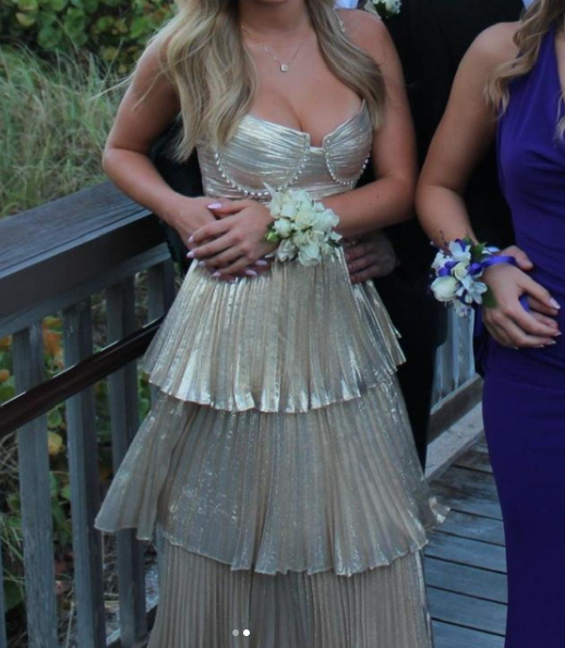 Stylish Gold Spaghetti Straps Satin Pleated Layered Long Wedding Guest Dress Evening Dress