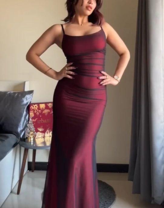 Spaghetti Straps Vintage Burgundy Evening Dress Formal Prom Dress