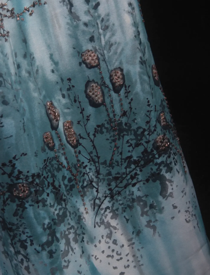 Vintage Square Neck Blue Chiffon Beaded Long Prom Dress Birthday Party Dress