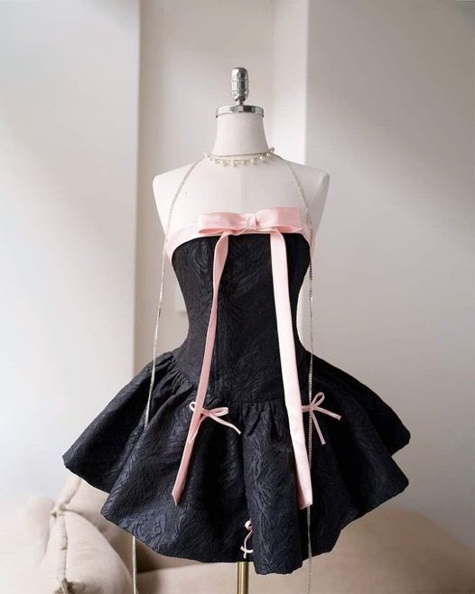 Chic Strapless Black Satin A Line Vacation Dress Short Birthday Dress With Bow