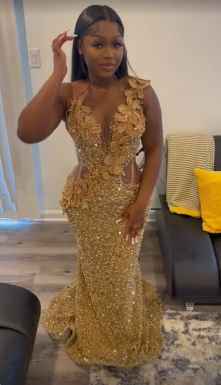 Gorgeous Gold Sequins Appliques Prom Dress Formal Mermaid Evening Dress