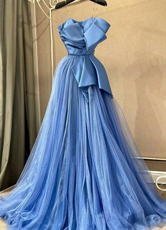 Blue A-line Tulle Evening Dress,Fashion Blue Prom Gown