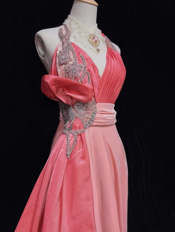 Pretty Pink Halter Satin Lace Beaded Mermaid Evening Dress Long Wedding Guest Dress