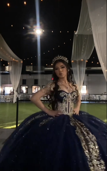 Gorgeous Navy Blue Off The Shoulder Tulle Sequin Sweet 16 Dress Formal Quinceanera Dress