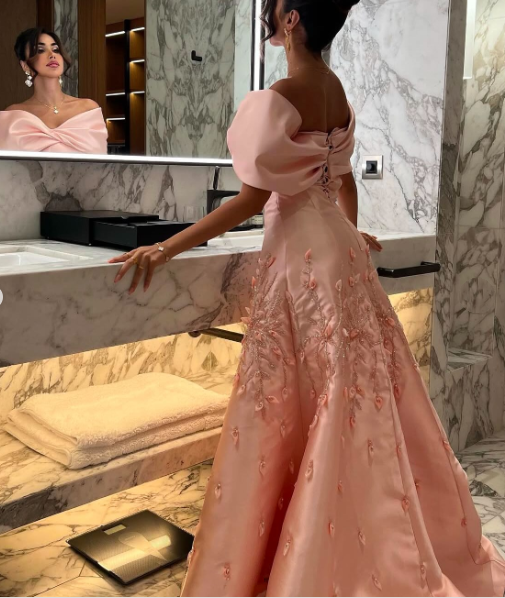 Chic Off The Shoulder Satin Beaded Appliques Pink Long Party Dress Evening Gown