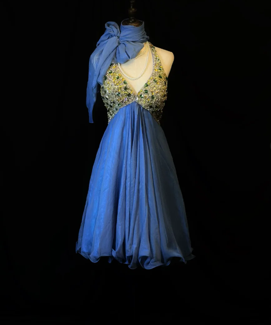 Vintage Blue Halter Beaded A Line Mini Party Dress Homecoming Dress Cocktail Dress