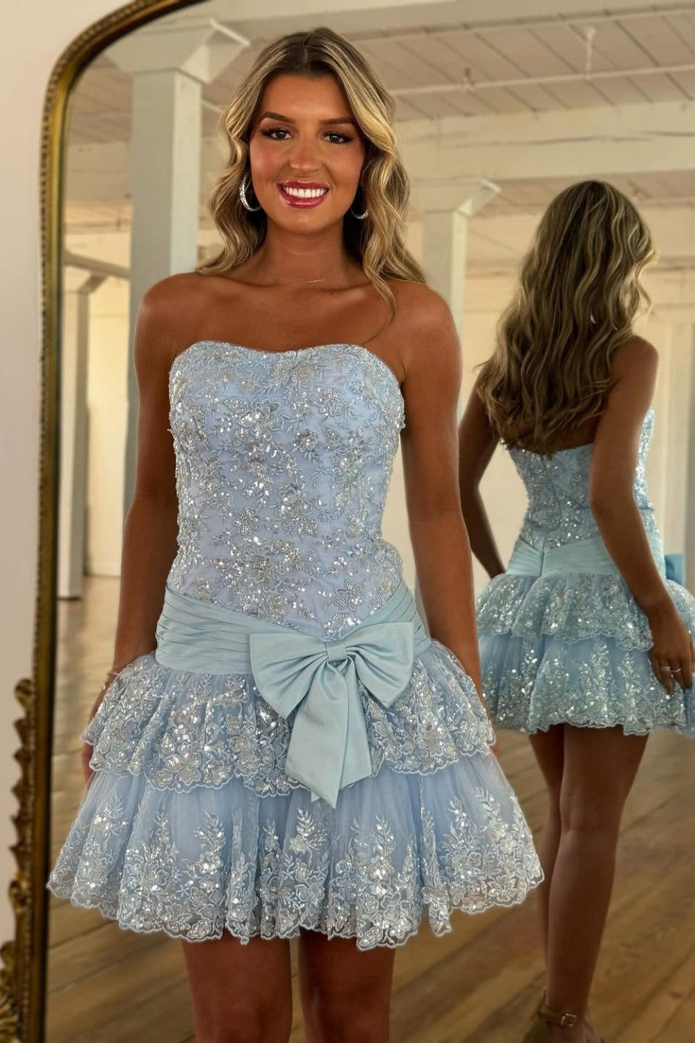Sweety Sheath Strapless Pink Lace Short Homecoming Dress with Appliques Bowknot