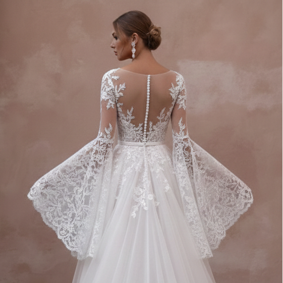 Flare Sleeve Wedding Dress 70s Boho Long Lace Bridal Wear