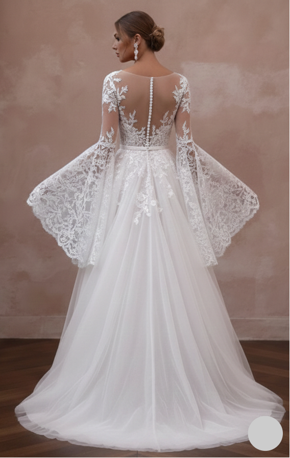 Flare Sleeve Wedding Dress 70s Boho Long Lace Bridal Wear