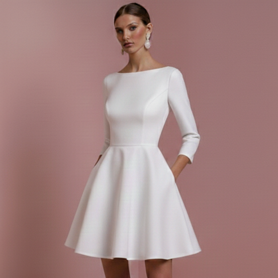 Formal Satin Wedding Dress With Pockets Short Boat Neck Bridal