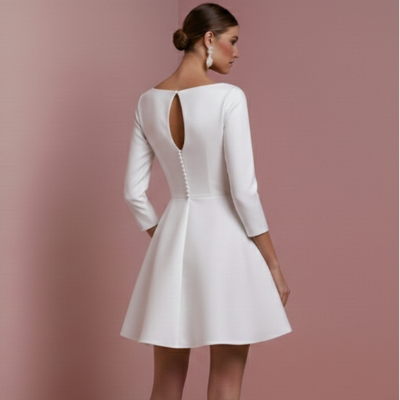 Formal Satin Wedding Dress With Pockets Short Boat Neck Bridal