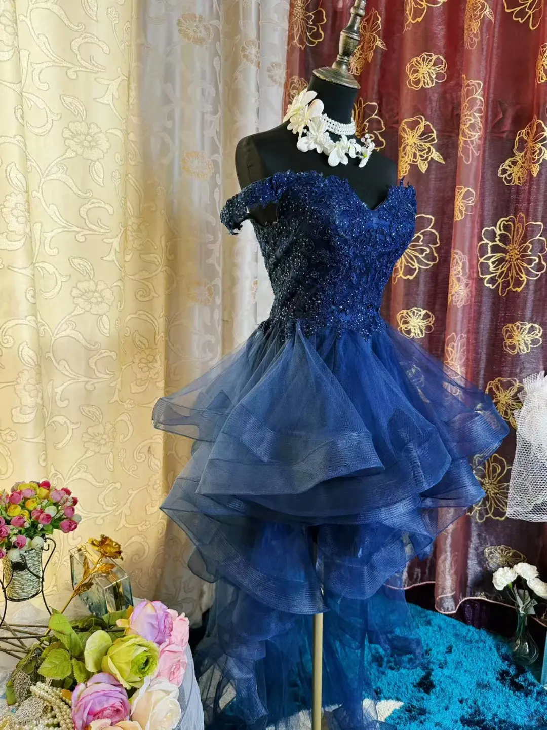 Vintage Navy Blue Tulle Appliques A Line Short Homecoming Dress Off The Shoulder 19th Birthday Outfits