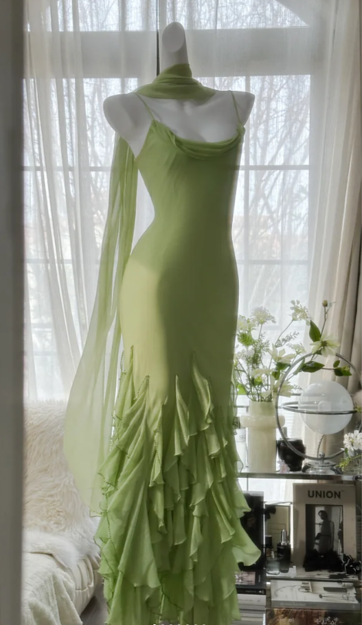 Beautiful Green Spaghetti Straps Chiffon Ruffles Mermaid Long Party Dress Birthday Prom Dresses