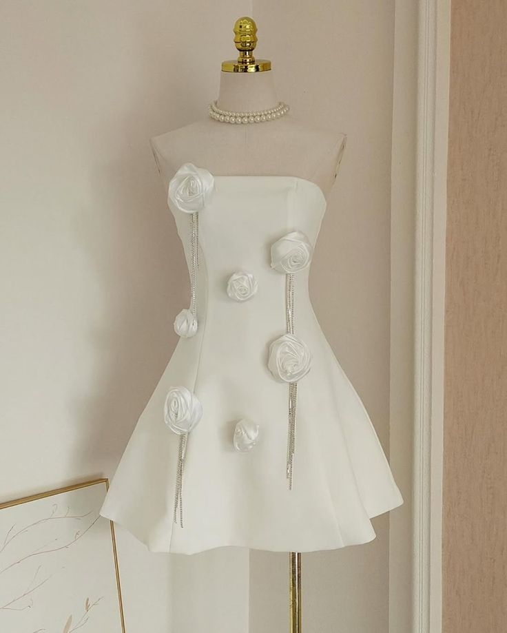 Classy Strapless White Satin Rose Flowers A Line Birthday Dress Short Vacation Dress