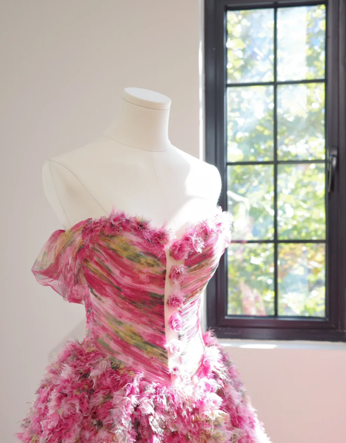 Pretty Hot Pink Off The Shoulder Tulle Pleated Flowers Long Birthday Party Dress Evening Gown