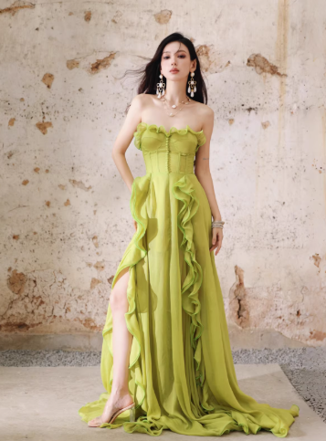 Pretty Green Strapless Chiffon Ruffled Long Evening Dress Birthday Dress