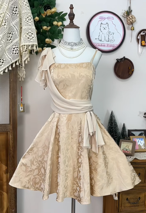 Vintage Satin Print Floral A Line Mini Party Dress Spaghetti Straps Champagne Homecoming Dress