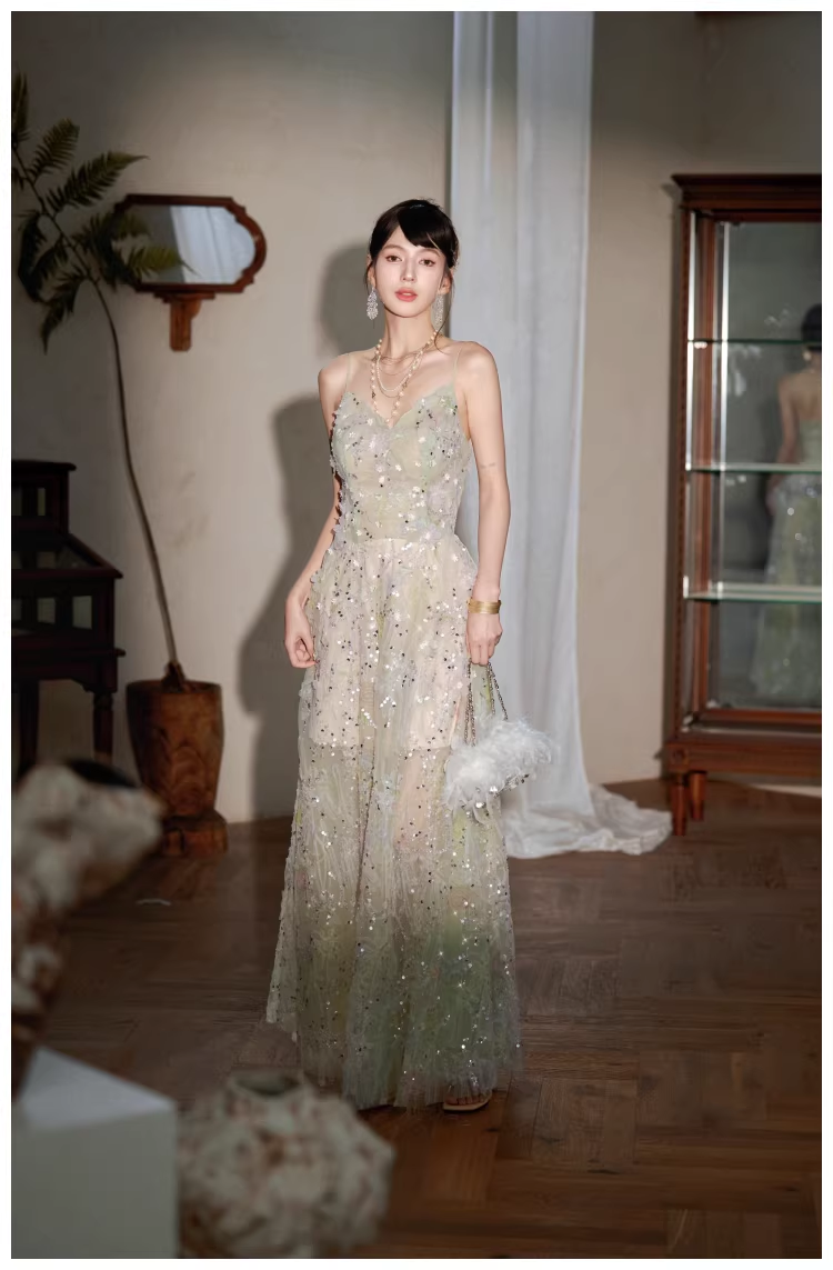 Pretty Spaghetti Straps Green Tulle Appliques A Line Long Birthday Prom Dress Evening Dress