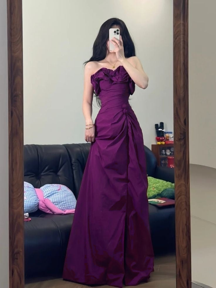 Elegant A Line Strapless Burgundy Satin Long Prom Dresses Formal Dress