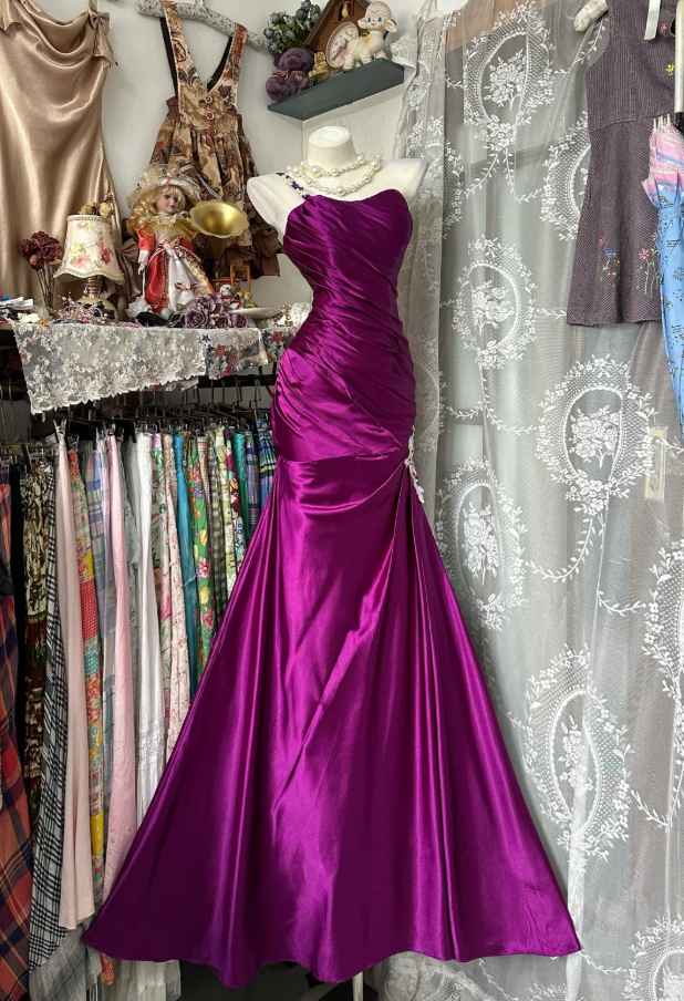 Vintage One Shoulder Satin Pleated Mermaid Evening Dress Long Birthday Party Dress