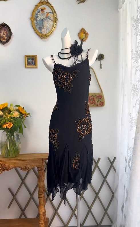 Pretty Spaghetti Straps Black Chiffon Beaded Long Prom Dress Birthday Party Dress