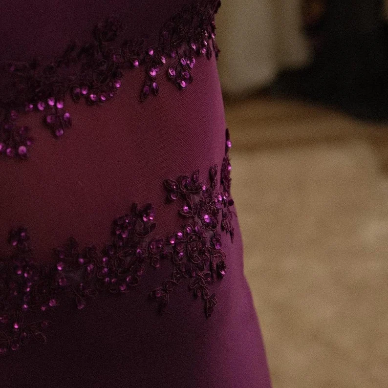 Newest Plum Purple Spaghetti Straps Prom Dress Spaghetti Straps Chiffon Appliques Party Evening Gown