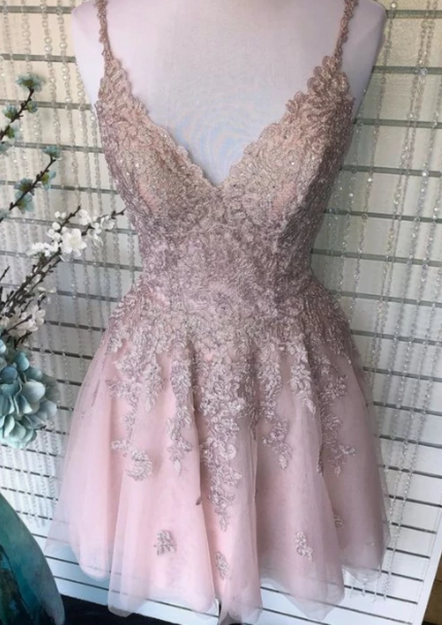 A Line Spaghetti Straps Blush Homecoming Dress With Appliques Beading