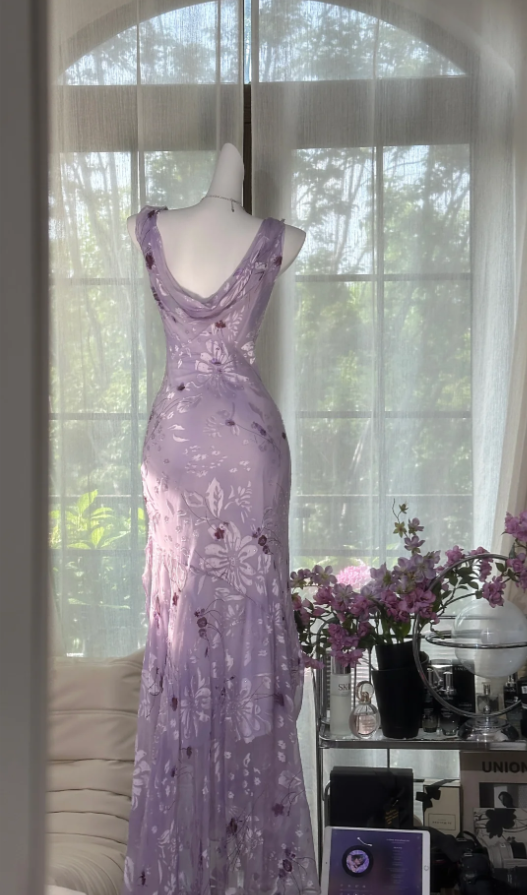 Pretty Lilac Chiffon Print Floral Beaded Mermaid Prom Dress Long Evening Dress