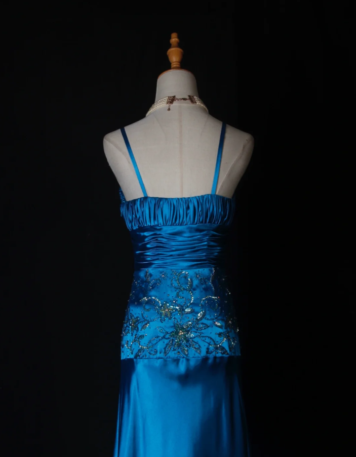 Stylish Spaghetti Straps Blue V Neck Satin Beaded Mermaid Long Evening Dress Birthday Dress