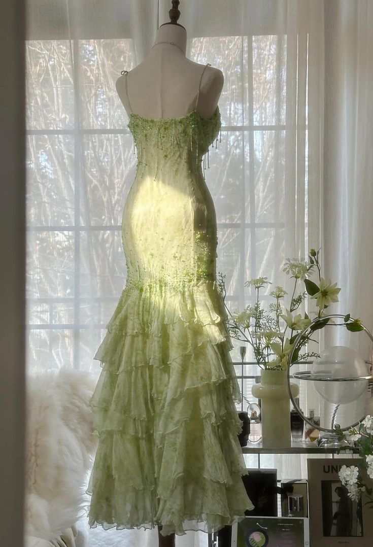Classy Light Green Chiffon Beaded Mermaid Evening Dress,Spaghetti Straps Multi Layered Party Prom Dress