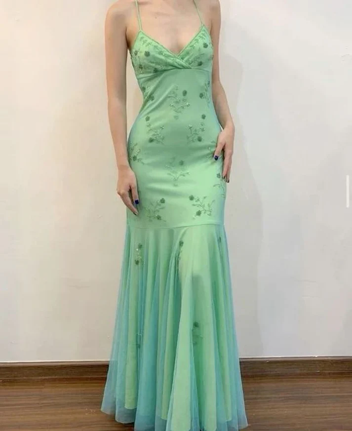 Green Spaghetti Straps Beaded Mermaid Evening Dress V Neck Party Prom Dress