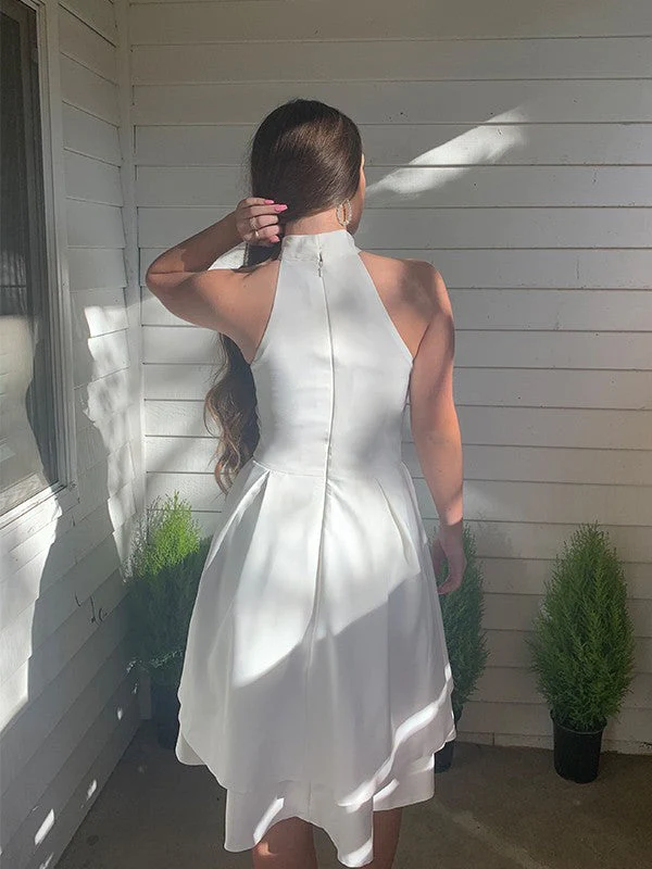 A-Line/Princess Satin Ruffles Halter Sleeveless Short/Mini Homecoming Dresses