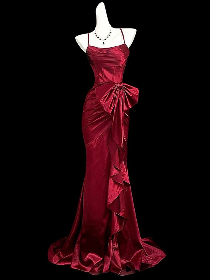 Burgundy Mermaid Straps Long Party Dress Satin Prom Dress