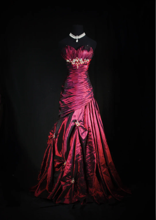Retro Burgundy Strapless Satin Pleated Mermaid Long Party Dress Birthday Dress With Beads
