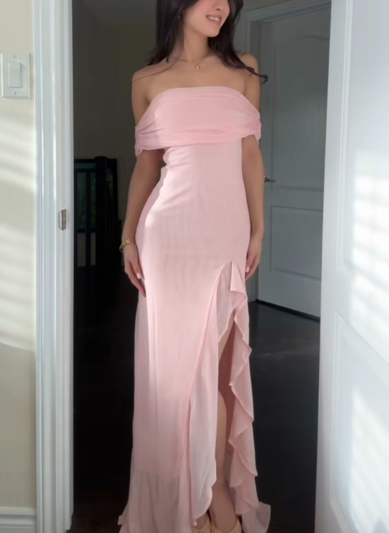 Pretty Strapless Pink Chiffon Ruffles Slit Evening Dress Long Wedding Guest Dress