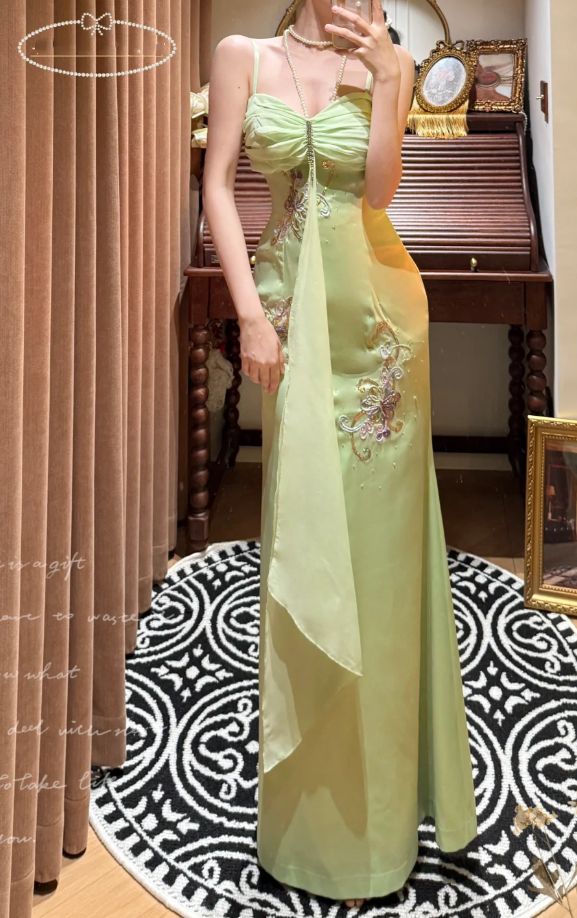 Classy Spaghetti Straps Green Satin Beaded Mermaid Long Wedding Guest Dress Formal Birthday Party Dress