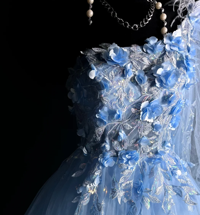 Pretty One Shoulder Blue Tulle Appliques Long Party Dress Formal Evening Dresses